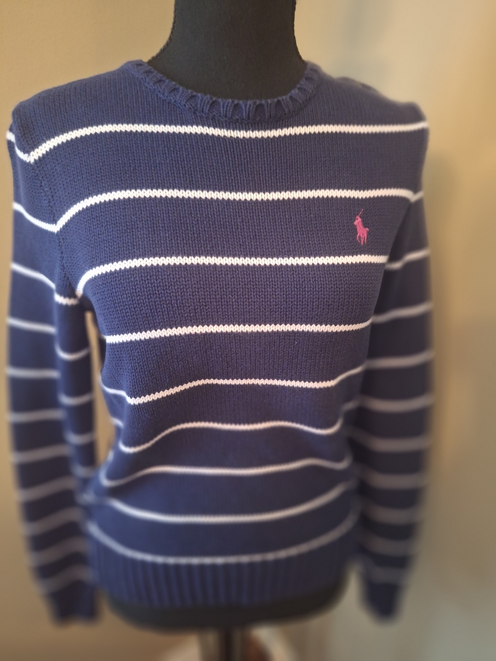 Ralph Lauren 100% Cotton Navy & White Striped Crewneck Sweater M